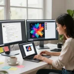 Young woman generating image to prompt in a bright digital workspace.