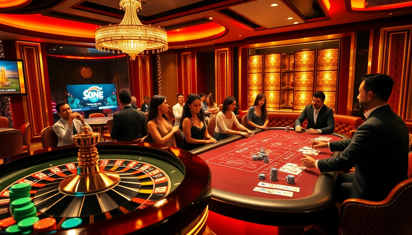 Players enjoying an exciting game at nhà cái S8 casino with spinning roulette and poker action.