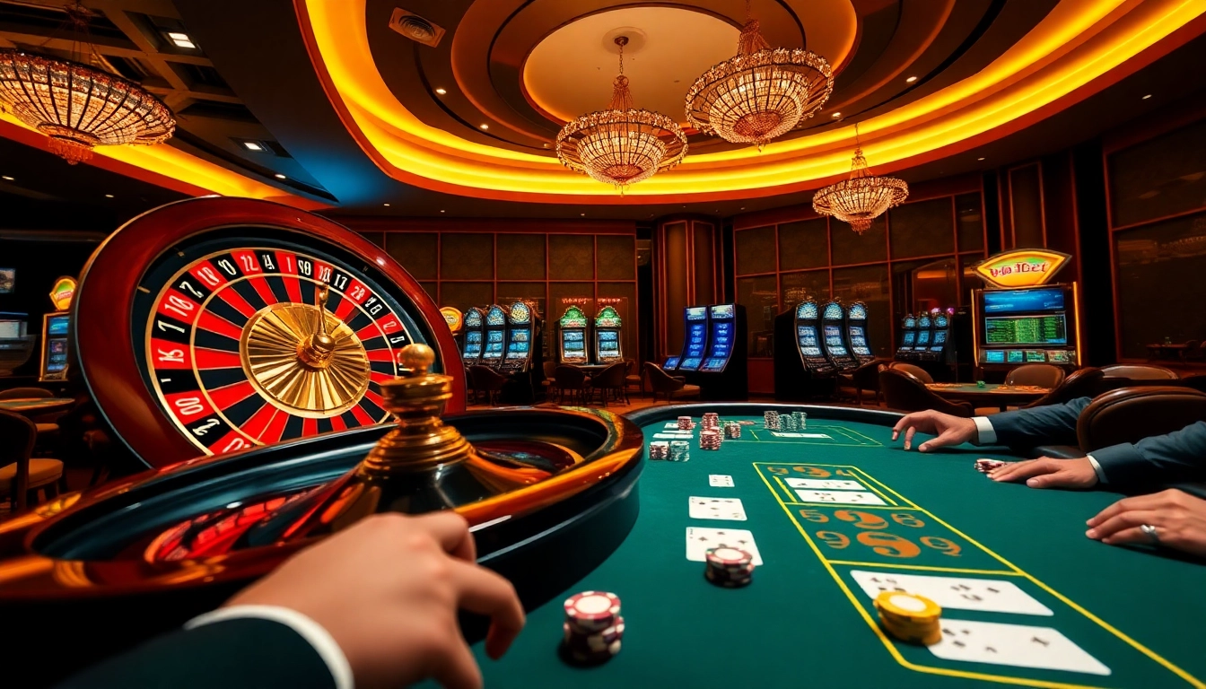 Experience intense gambling action at 789bet with vibrant roulette and poker elements in a luxurious casino setting.