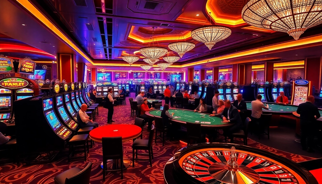 Players celebrating wins at QQ88's vibrant casino floor with slot machines and poker tables.