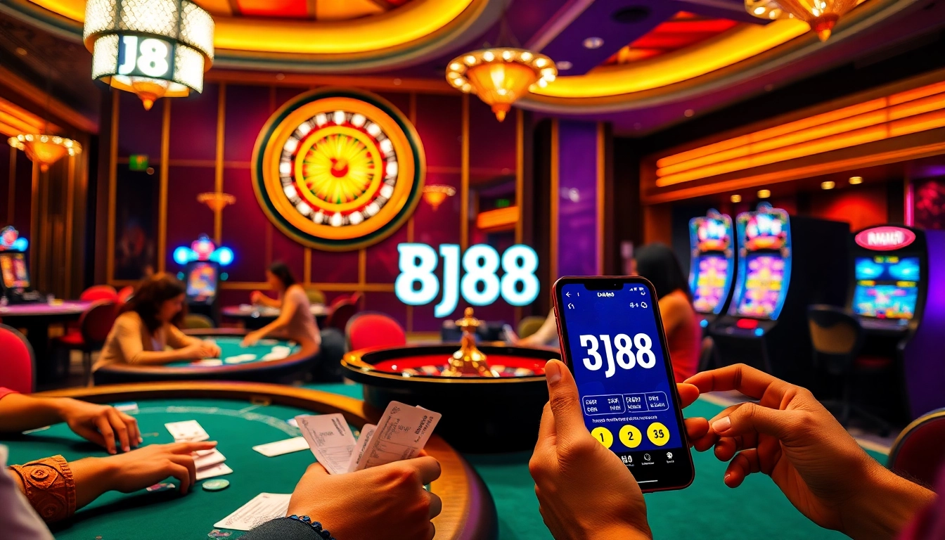 Players engaging in vibrant casino games with BJ88 branding and dynamic gambling elements.