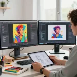 Digital artist exploring image prompt generator in a creative workspace.