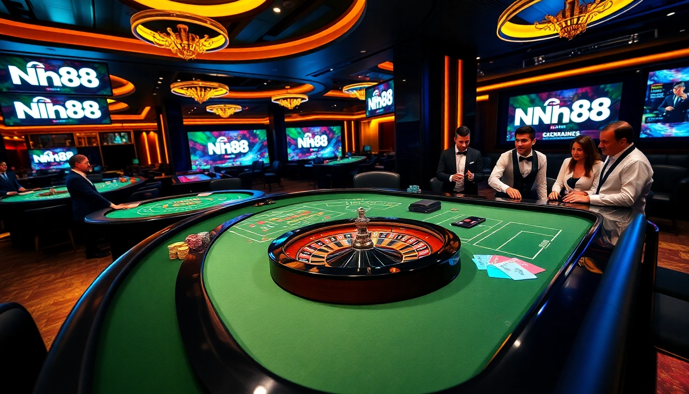 NH88 players actively engaging at a luxurious casino table, surrounded by vibrant gaming elements.