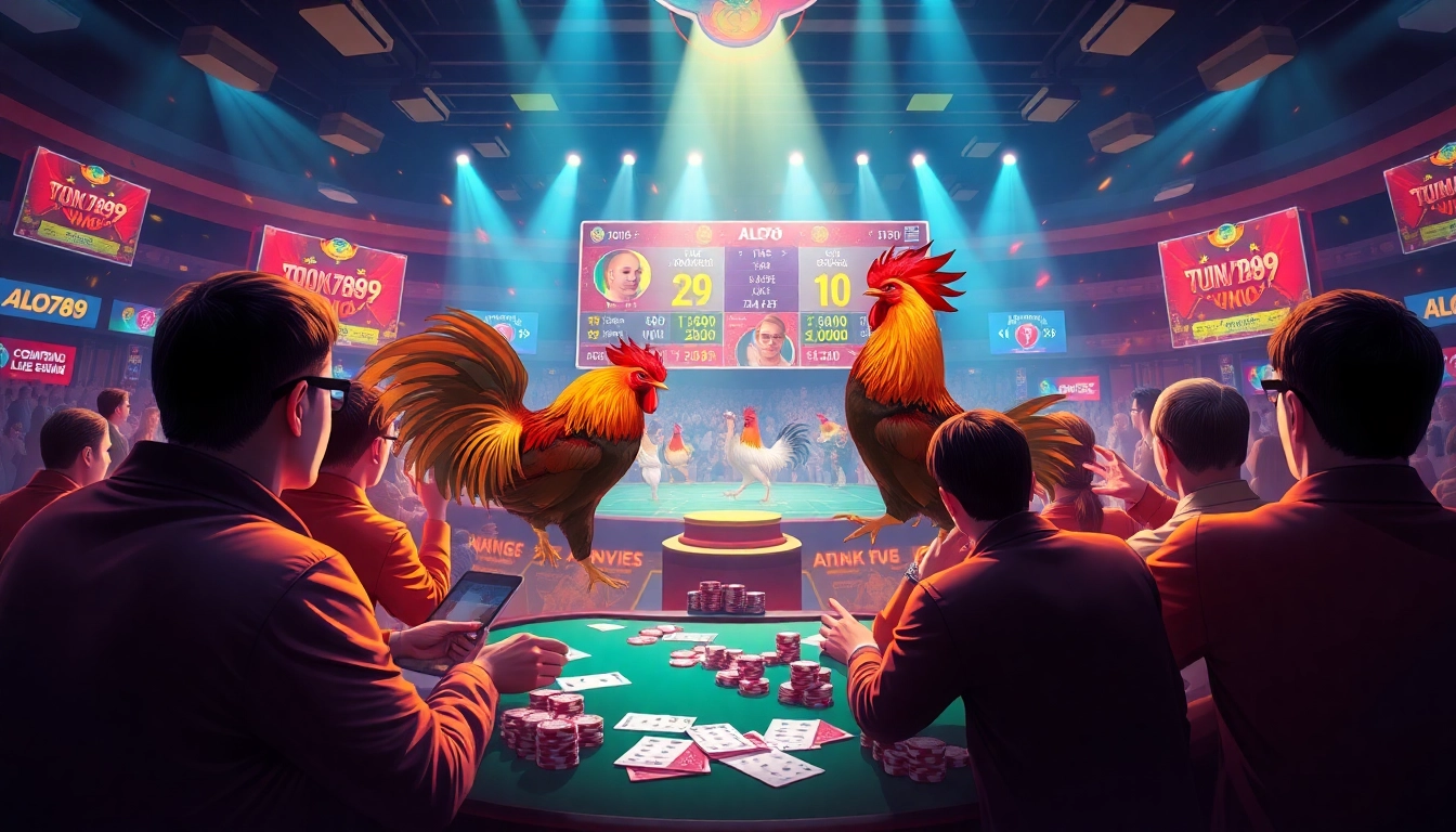 Excited gamblers placing bets on ALO789 đá gà Thomo during a live fight.