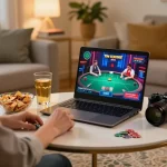 Engaging online poker gameplay experience with Sunwin on laptop at home, featuring social atmosphere.