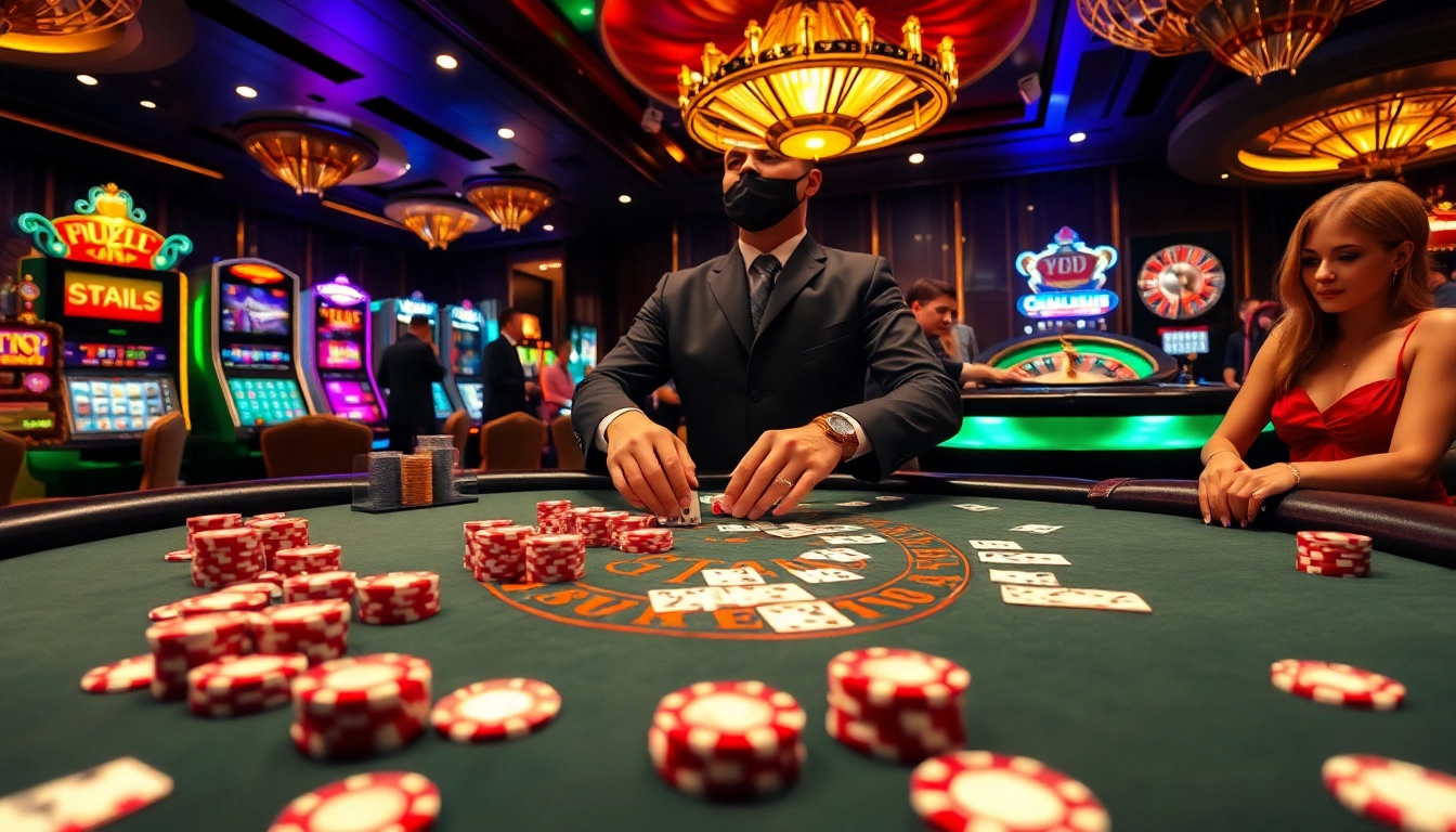 Exciting casino scene at https://bem88.com with a blackjack table, poker chips, and engaged players.