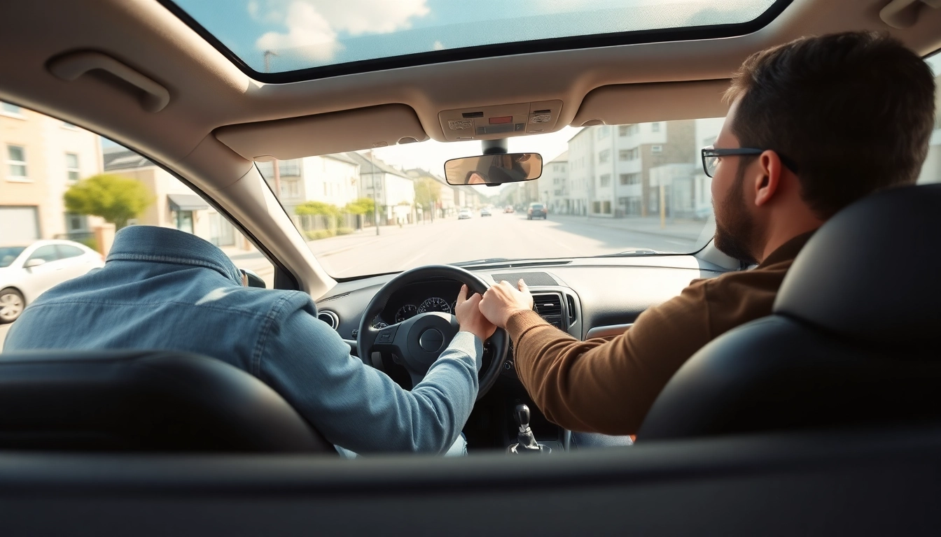 Engaging automatic driving lessons Portsmouth with an instructor guiding a student in a sunny setting.