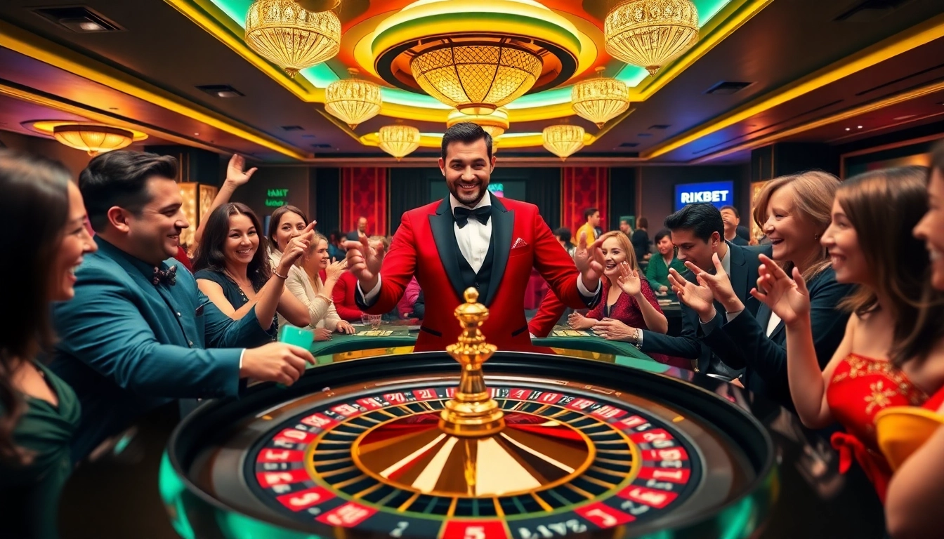 Experience RIKBET's thrilling casino atmosphere with players enjoying a game of roulette surrounded by luxury.