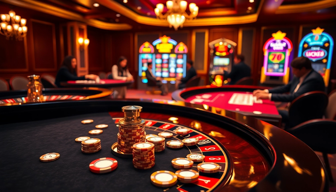 Elegant casino environment featuring LUCK8 branding with poker chips, a roulette table, and vibrant slot machines.