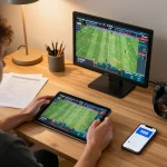 Player engaging in sports betting on the 566 app using a tablet in a cozy home environment.