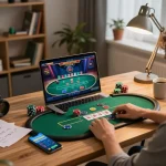 Engaged player enjoying gmnc poker strategies while gaming online in a cozy office.