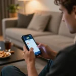 Engaging with tg88 online casino app on smartphone in a cozy home environment