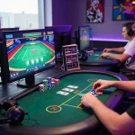 Exciting gameplay at 68win poker table in a sleek online casino setting with vibrant screens and gear