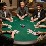 UU88 poker players engaged in a strategic game, showcasing chips and cards at a round table.