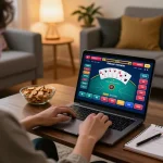MM88 player strategizing with online poker game interface in a cozy home setting