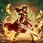 Engage in dynamic lô đề gaming with captivating warrior queen and glowing wolf in a rich casino scene.
