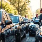 Minicabs waiting in an urban setting with a driver assisting a passenger.