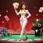 Engage in kèo bóng đá action with a glamorous dealer and playful cat at a vibrant casino.