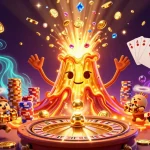 Experience excitement at RR88 as a golden volcano erupts coins and treasures in this vibrant casino scene.