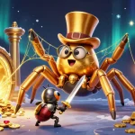 Engage with F168 VIP as a golden tarantula spins a web of fortune surrounded by jewels and gold.