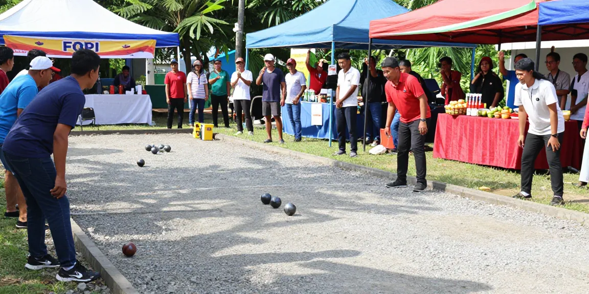 FOPI Kota Gorontalo community petanque event with players aiming boules in sunny outdoor setting.