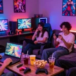 Friends playing ecchi games in a lively gaming lounge with LED lights and snacks.