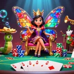 Engage with online casinos that accept credit cards featuring a vibrant 3D scene of a butterfly queen and poker elements.