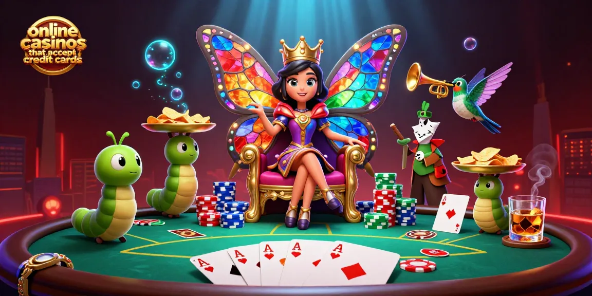 Engage with online casinos that accept credit cards featuring a vibrant 3D scene of a butterfly queen and poker elements.
