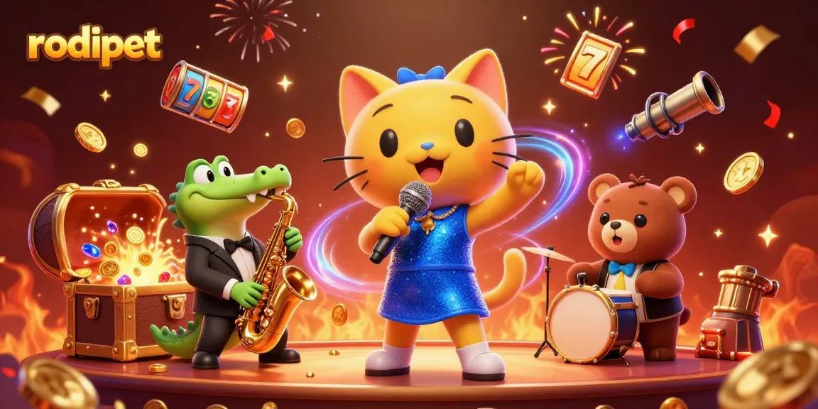 Experience rodipet-themed casino fun with vibrant characters performing amidst a lively gaming atmosphere.