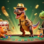 Playful scene featuring chockers shoes-themed velociraptor in a casino ambiance, engaging in blackjack.