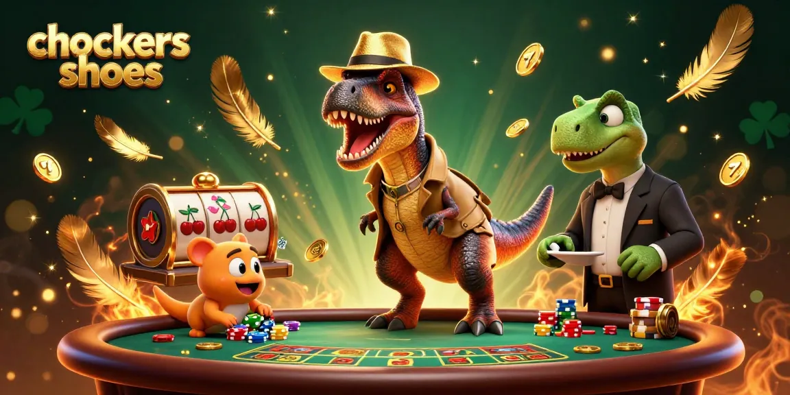 Playful scene featuring chockers shoes-themed velociraptor in a casino ambiance, engaging in blackjack.