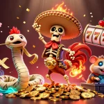 Engage with 789 bet's vibrant casino world, featuring a cartoon mariachi rooster dancing amidst golden coins and exciting game elements.