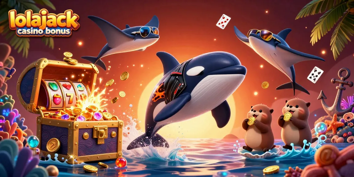 Action-packed illustration highlighting the lolajack casino bonus with vibrant characters and casino game elements.