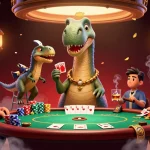 Engage in thrilling card games at b52 club with a whimsical dinosaur-themed digital illustration.