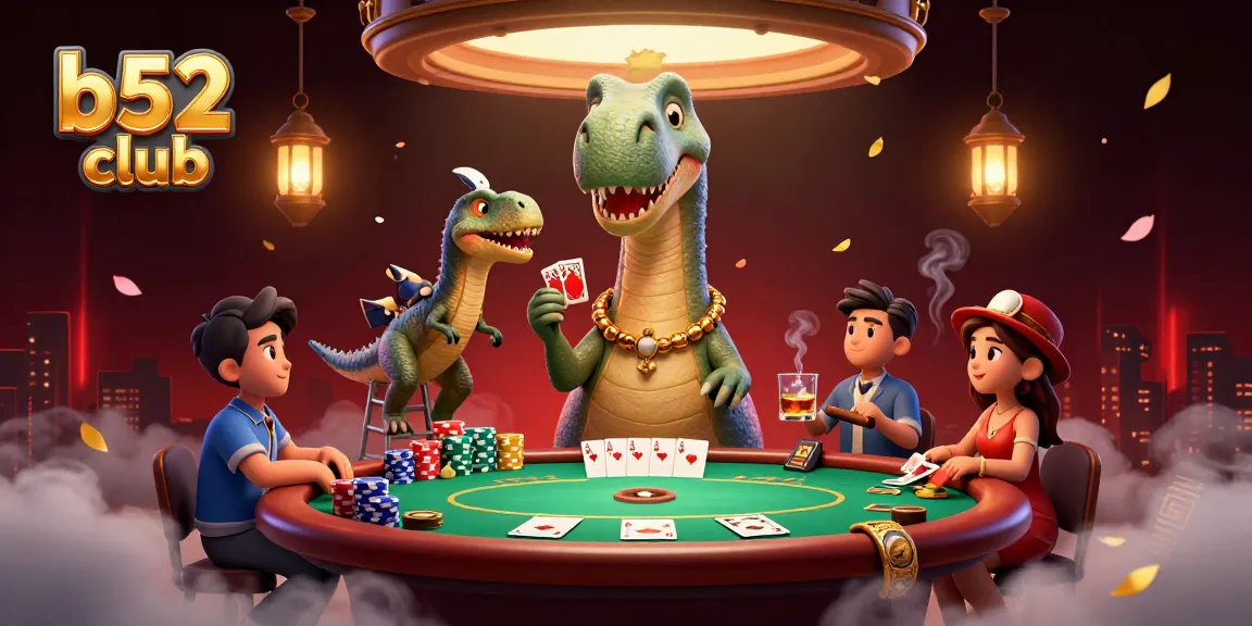 Engage in thrilling card games at b52 club with a whimsical dinosaur-themed digital illustration.