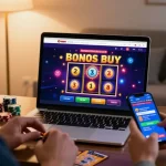 Engaged player exploring crownnorthill.co.uk with exciting bonus buy slots on laptop in cozy home setting.
