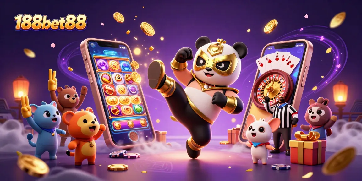 The 188bet88 casino experience with a dynamic scene of a wrestling panda, colorful slot games, and cheering fans.