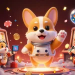 Play games at Nhà cái O8 with a dynamic space casino scene featuring floating poker chips and cartoon characters.