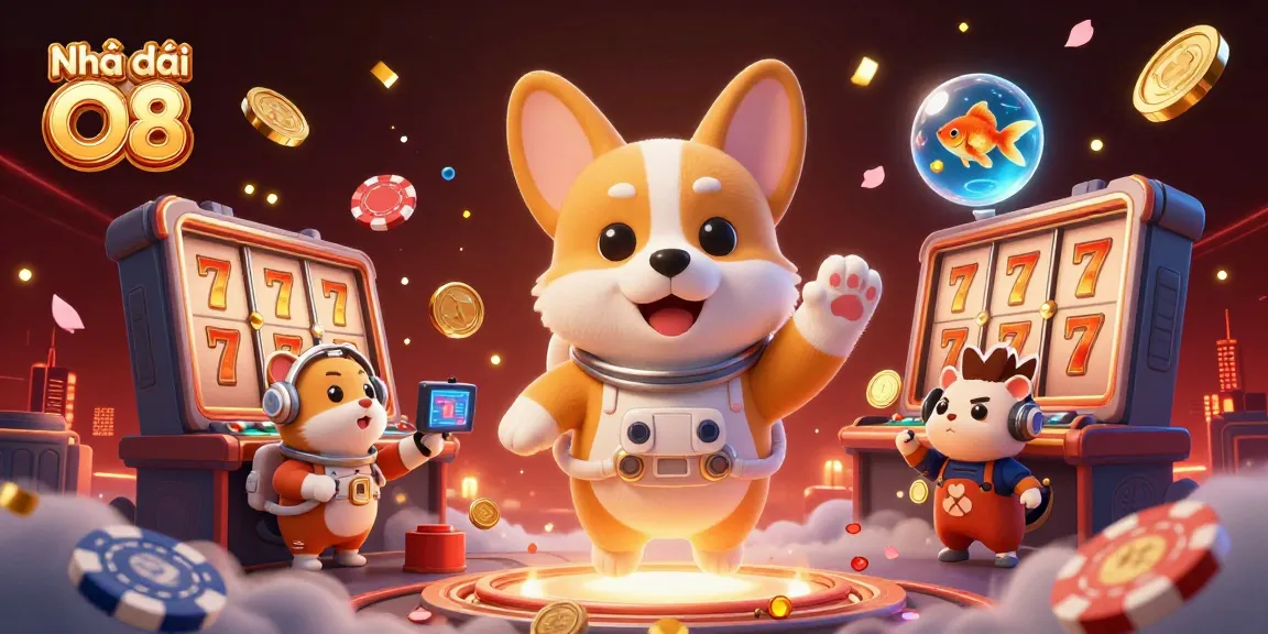 Play games at Nhà cái O8 with a dynamic space casino scene featuring floating poker chips and cartoon characters.