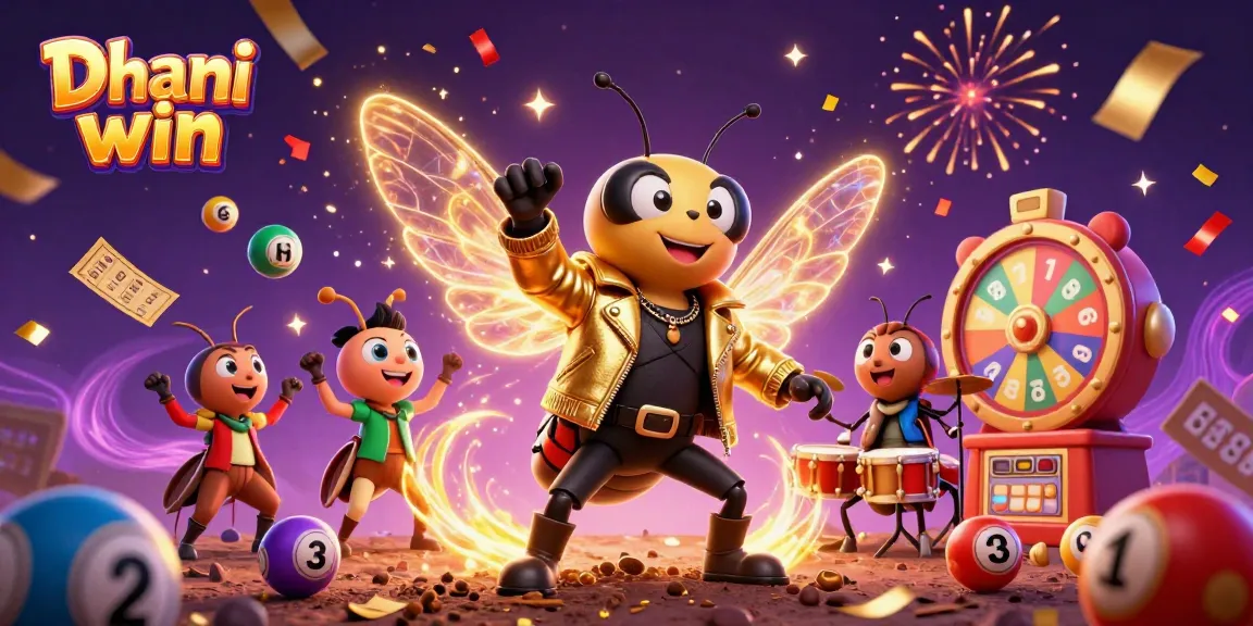 Dhani win showcases an exciting gaming atmosphere with vibrant lottery balls and dynamic characters celebrating wins.