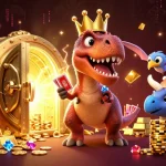 VIN88 casino fun with a T-Rex shuffling cards, a pterodactyl holding them, and a triceratops stacking chips.