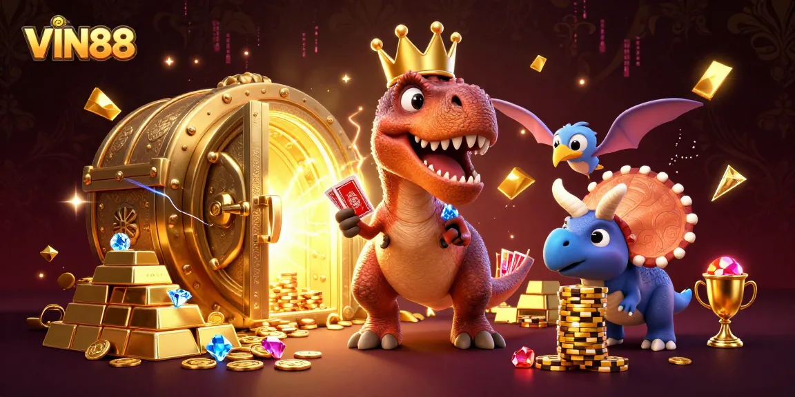 VIN88 casino fun with a T-Rex shuffling cards, a pterodactyl holding them, and a triceratops stacking chips.