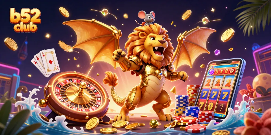 Experience thrilling gaming at b52 club with golden coins, vibrant poker chips, and dynamic characters.