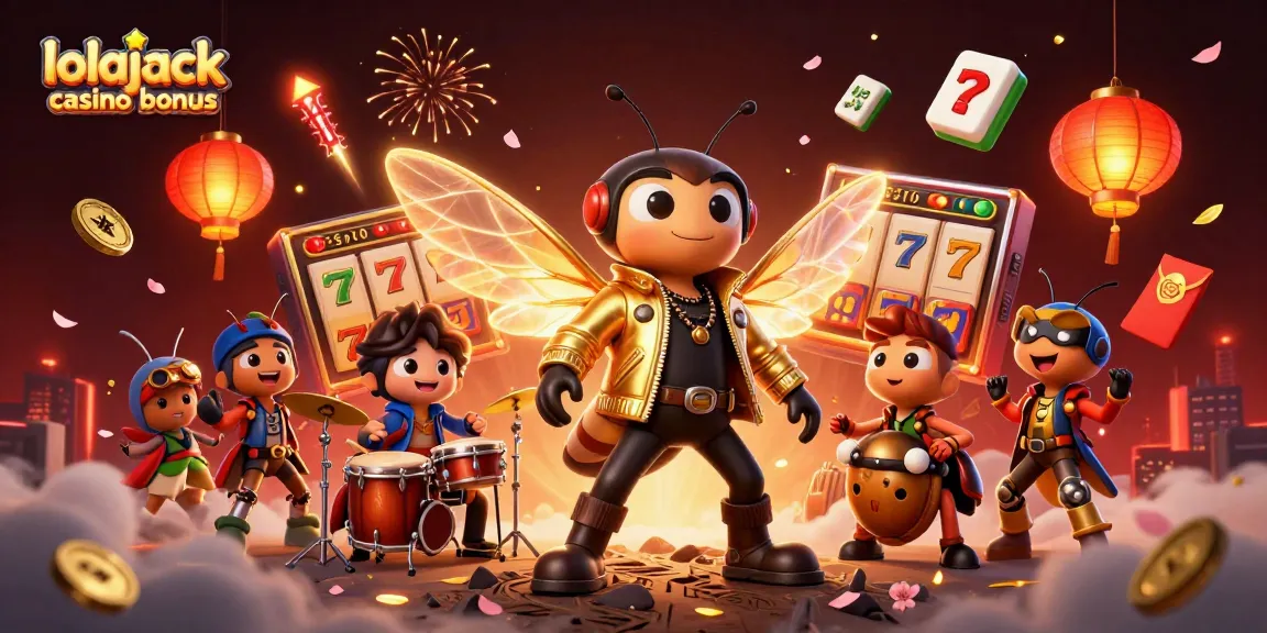 Experience the excitement of the lolajack casino bonus with vibrant characters celebrating amidst casino elements and confetti.