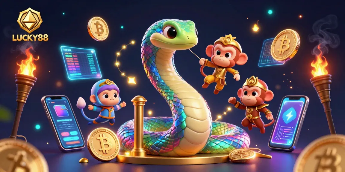 Join the excitement at LUCKY88 with a vibrant 3D casino illustration showcasing cryptocurrency elements and magical characters.