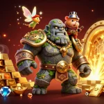 Experience the magic of mm88 com with a golem, fairy, and hamster knight amidst treasures.