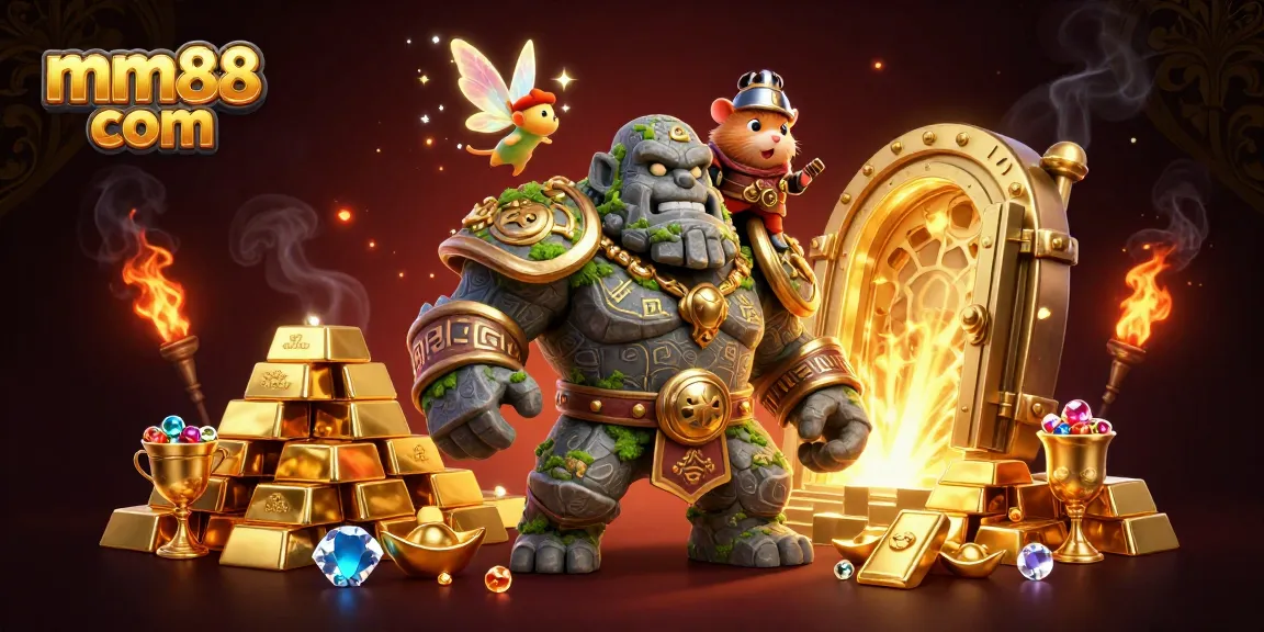 Experience the magic of mm88 com with a golem, fairy, and hamster knight amidst treasures.