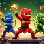 Spin the reels at da88 with a vibrant scene featuring ninja chameleons, slot elements, and sports excitement.