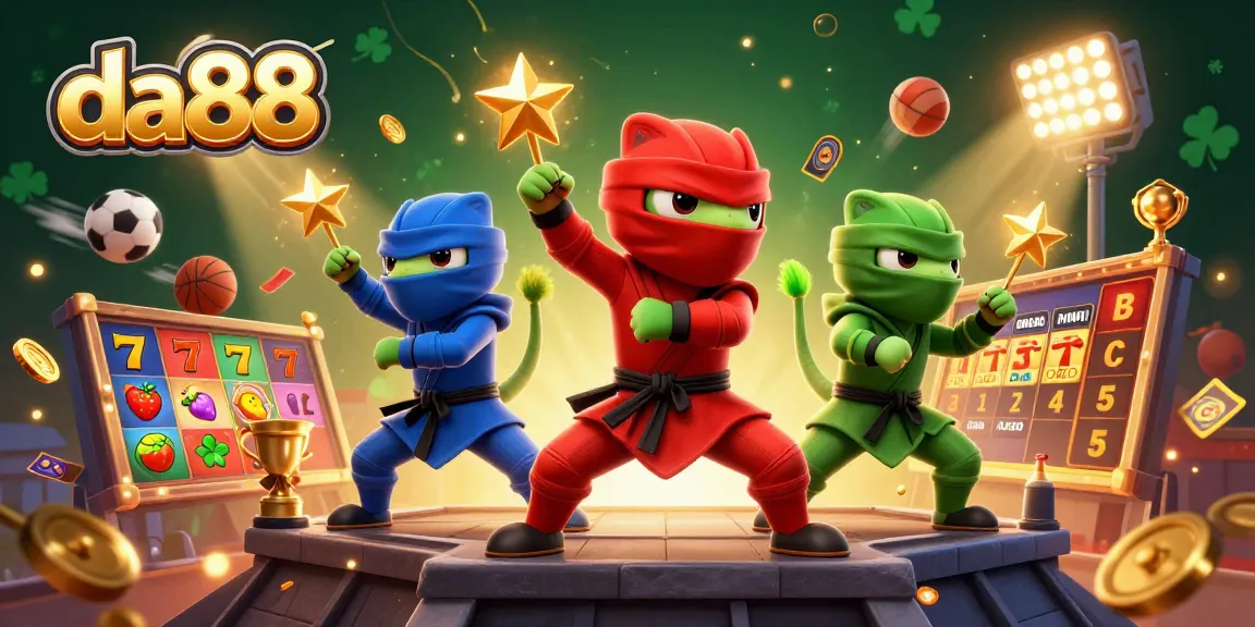 Spin the reels at da88 with a vibrant scene featuring ninja chameleons, slot elements, and sports excitement.