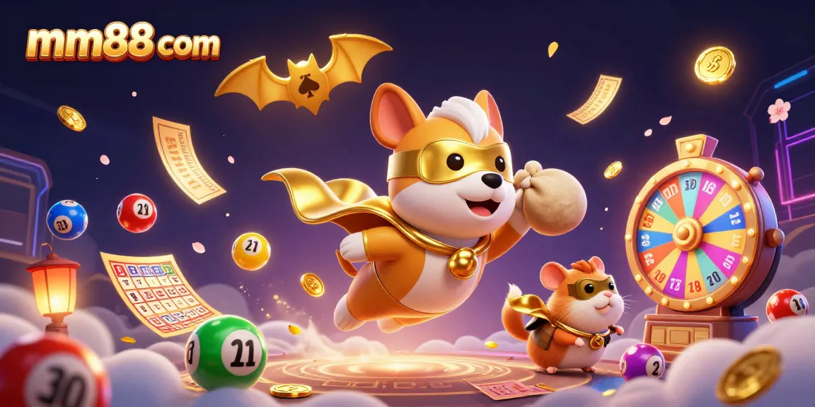 Experience thrilling games at mm88 com with vibrant casino elements and a superhero theme illustrating exciting prizes.
